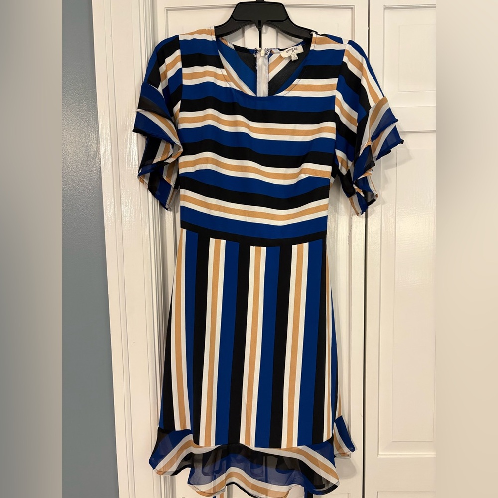 Umgee Blue and Tan Striped Midi Dress